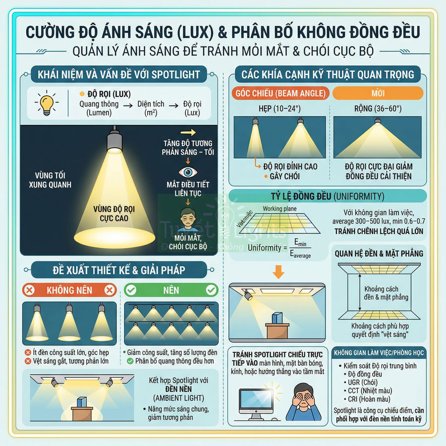 Infographic hướng dẫn quản lý cường độ ánh sáng lux và phân bố đèn spotlight để tránh mỏi mắt chói cục bộ
